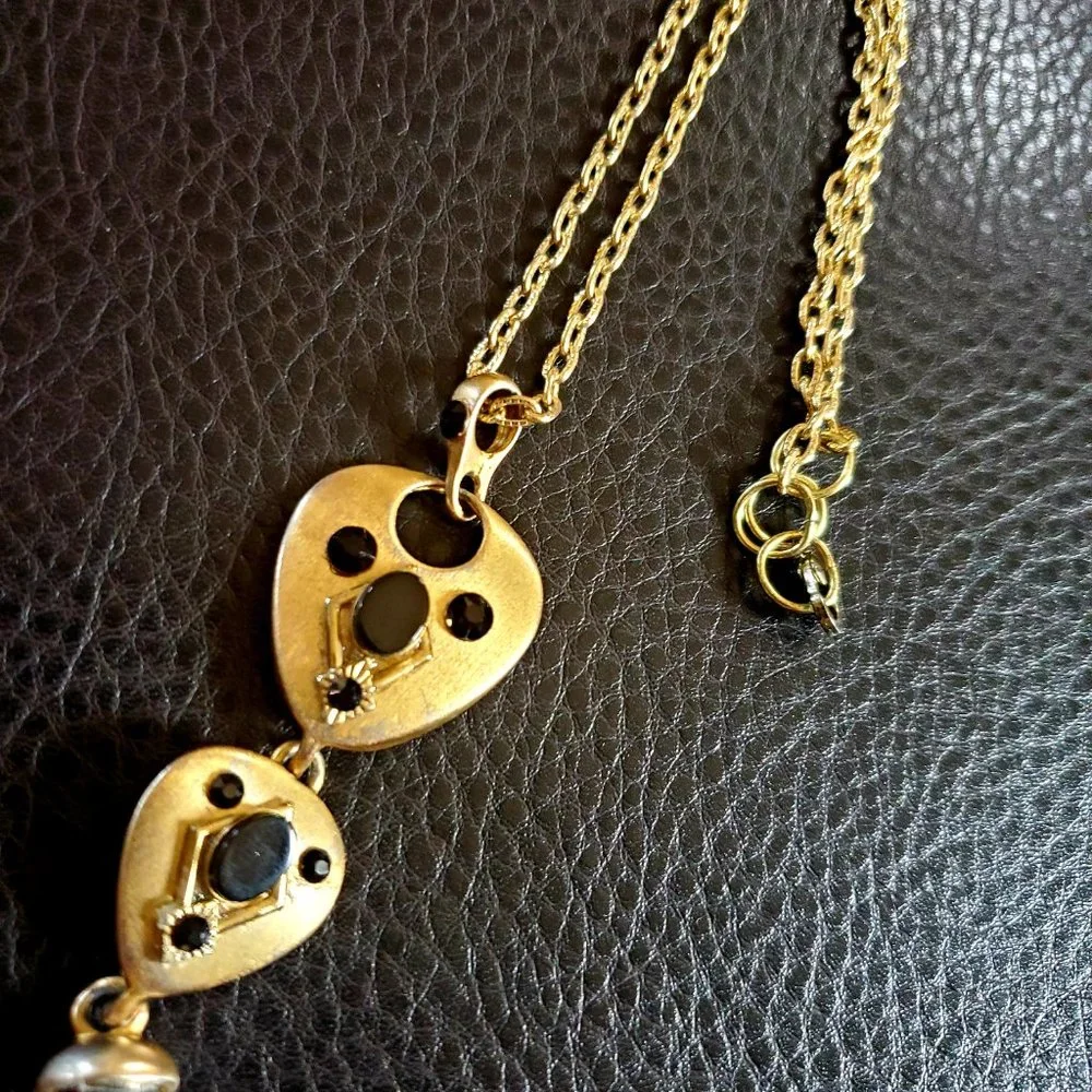 Brushed Gold Black Rhinestone Long Dangle Pendant Dressy Necklace Vintage 20